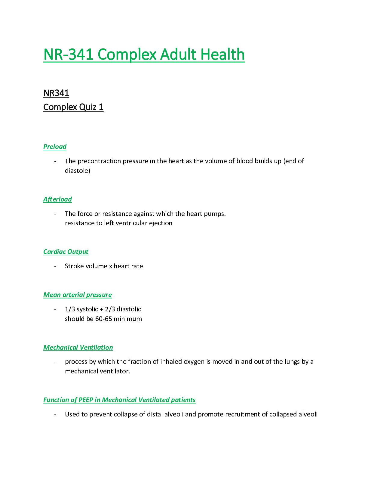 Preview of NR341 / NR 341 Quiz 1 (Latest 2021 /2022): Complex Adult Health - Chamberlain